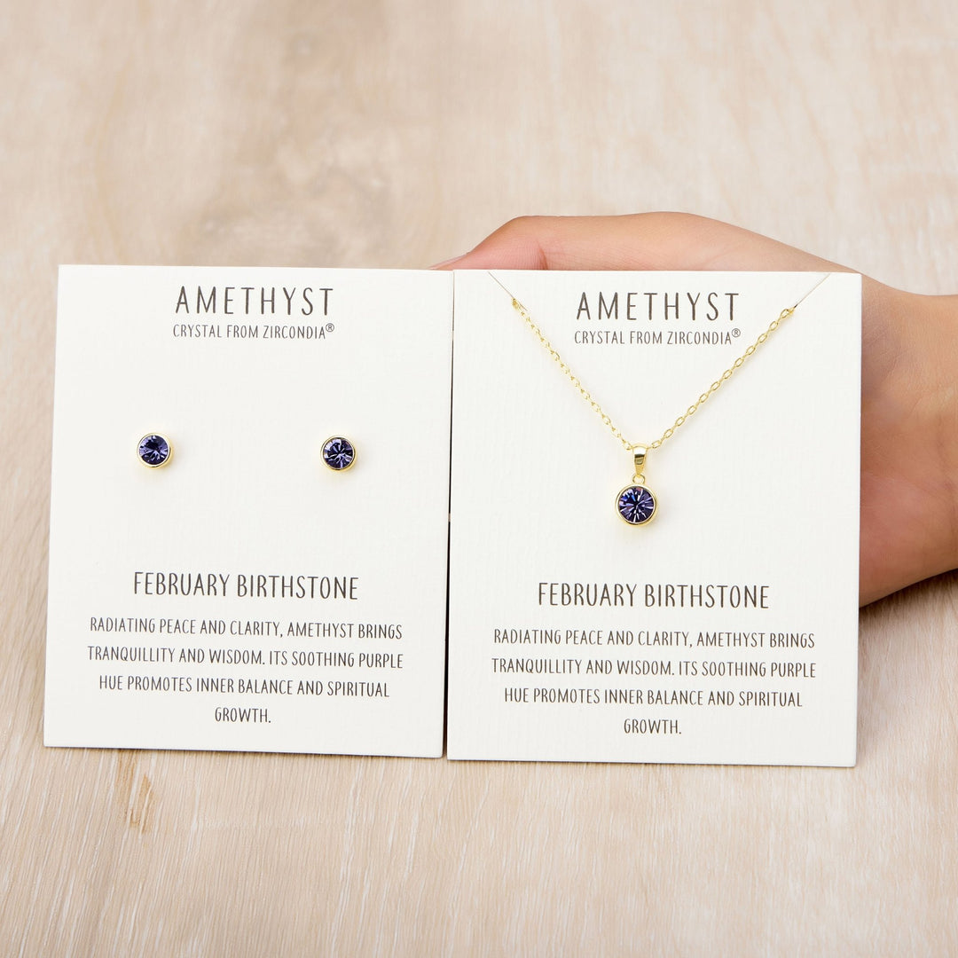Gold Plated February (Amethyst) Birthstone Necklace & Earrings Set Created with Zircondia® Crystals - Philip Jones Jewellery