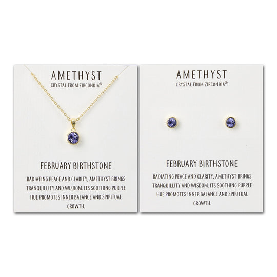 Gold Plated February (Amethyst) Birthstone Necklace & Earrings Set Created with Zircondia® Crystals - Philip Jones Jewellery