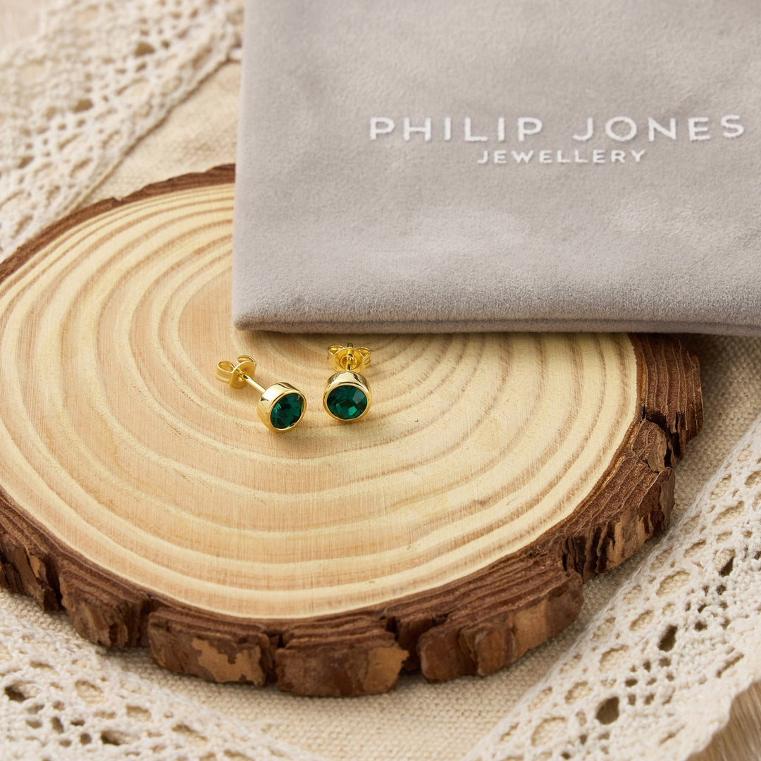 Gold Plated Green Stud Earrings Created with Zircondia® Crystals - Philip Jones Jewellery