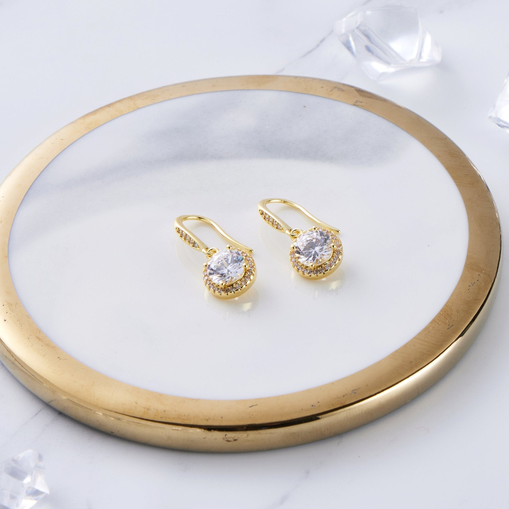 Gold Plated Halo Drop Earrings Created with Zircondia® Crystals - Philip Jones Jewellery