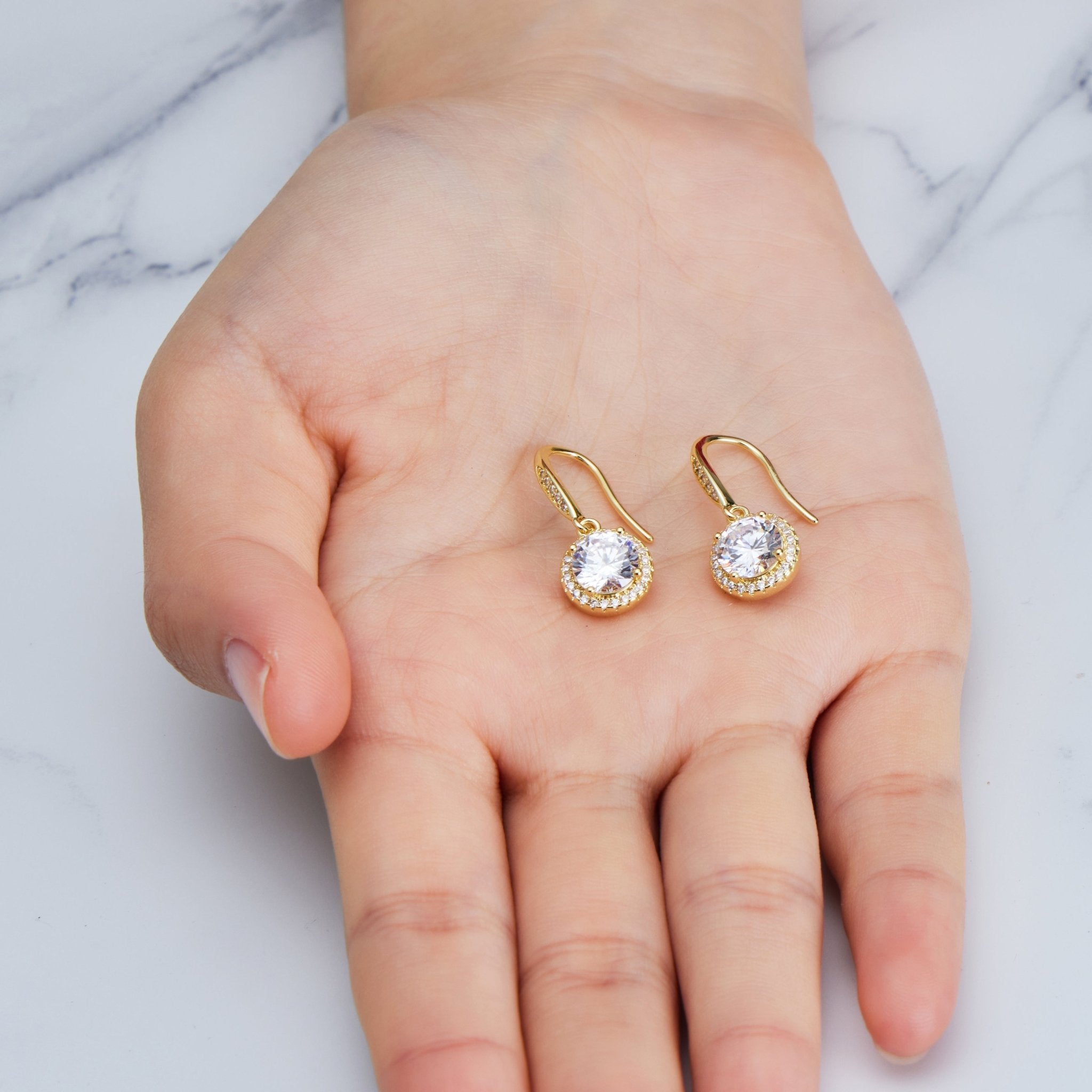 Gold Plated Halo Drop Earrings Created with Zircondia® Crystals - Philip Jones Jewellery