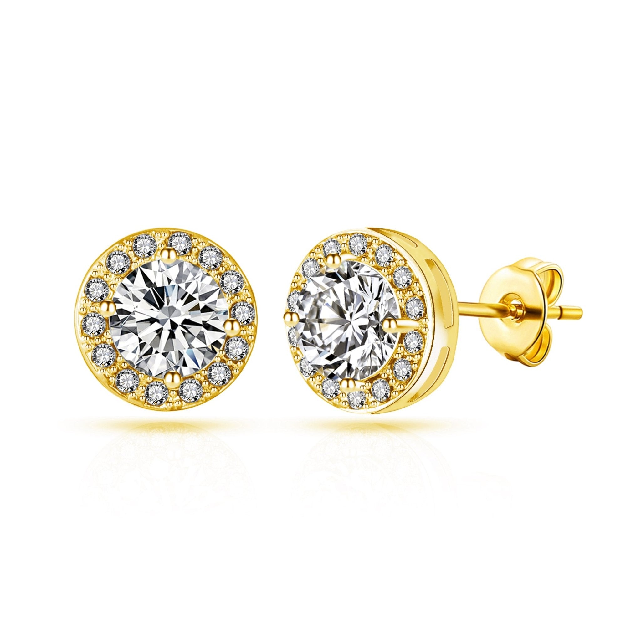 Gold Plated Halo Earrings Created with Zircondia® Crystals - Philip Jones Jewellery