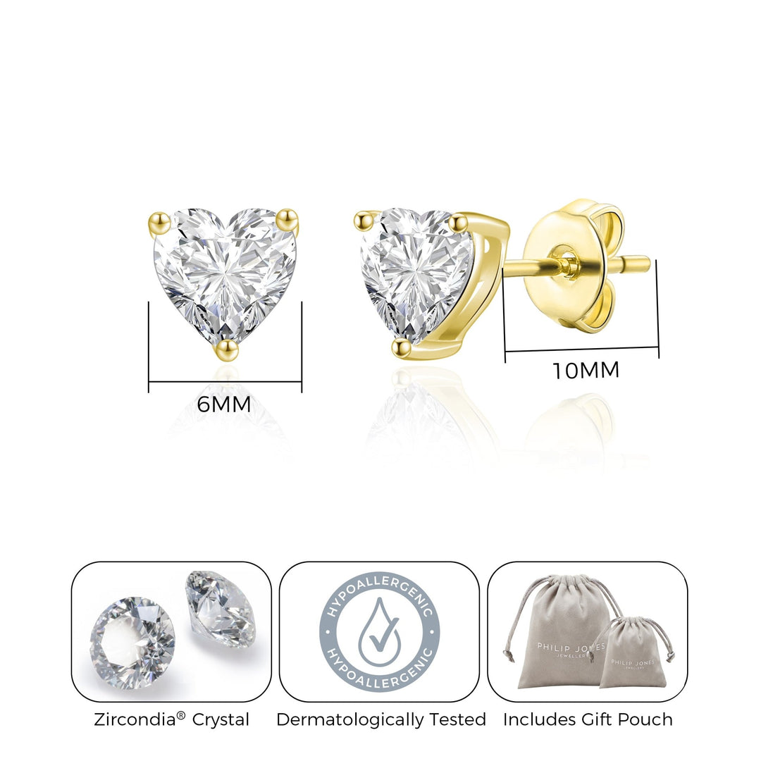 Gold Plated Heart Earrings Created with Zircondia® Crystals - Philip Jones Jewellery