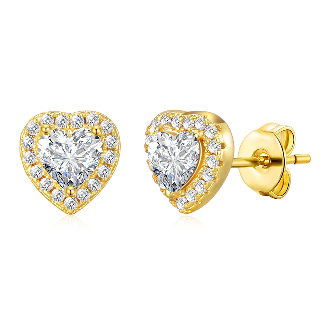 Gold Plated Heart Halo Earrings Created with Zircondia® Crystals - Philip Jones Jewellery