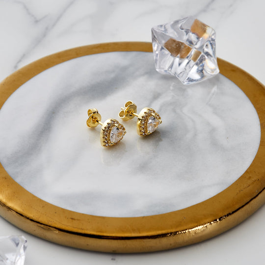 Gold Plated Heart Halo Earrings Created with Zircondia® Crystals - Philip Jones Jewellery