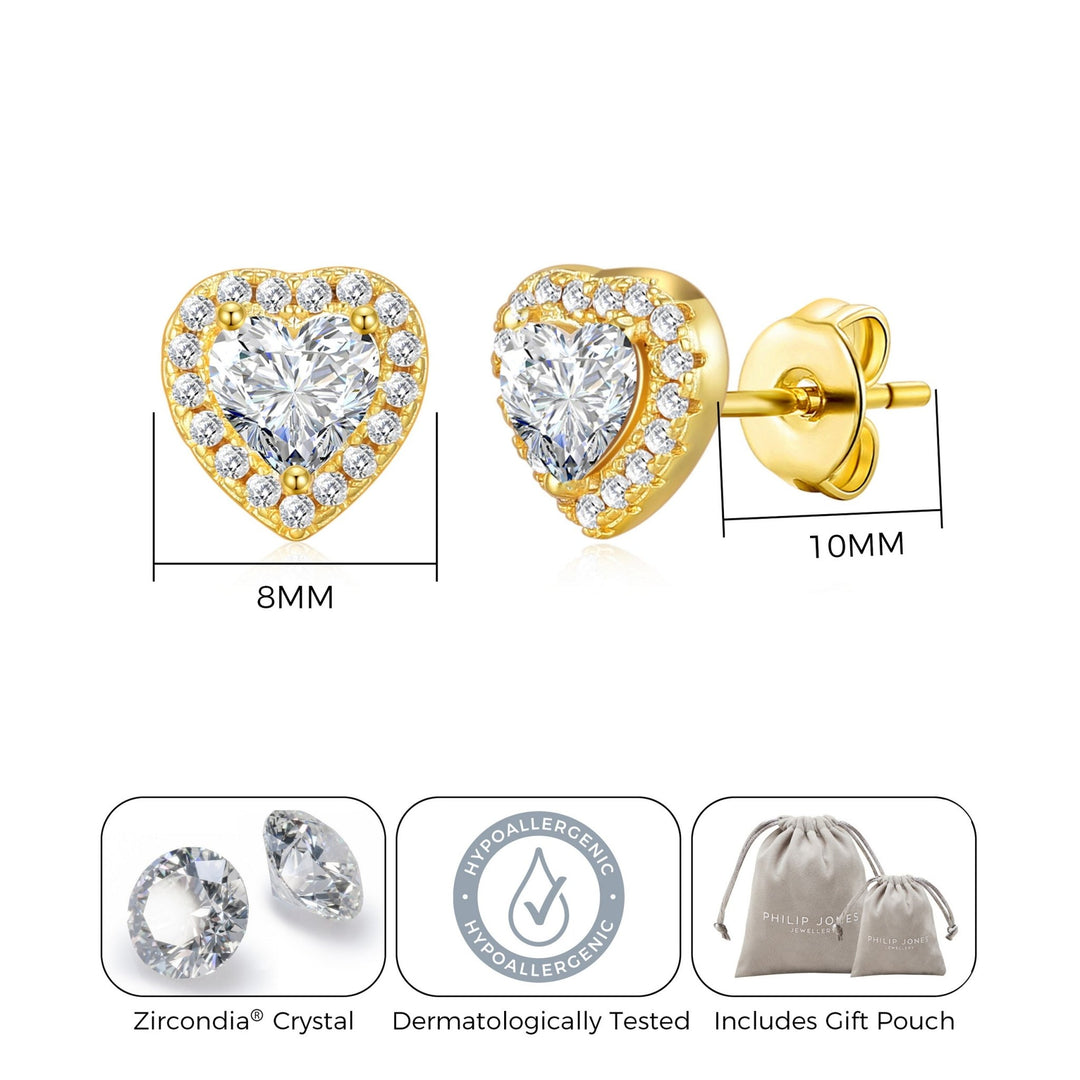 Gold Plated Heart Halo Earrings Created with Zircondia® Crystals - Philip Jones Jewellery
