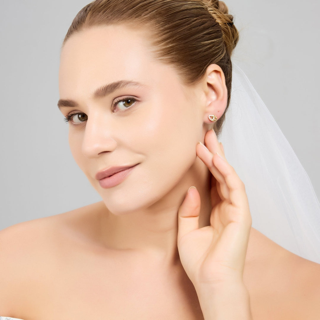 Gold Plated Heart Link Bridal Earrings Created with Zircondia® Crystals - Philip Jones Jewellery