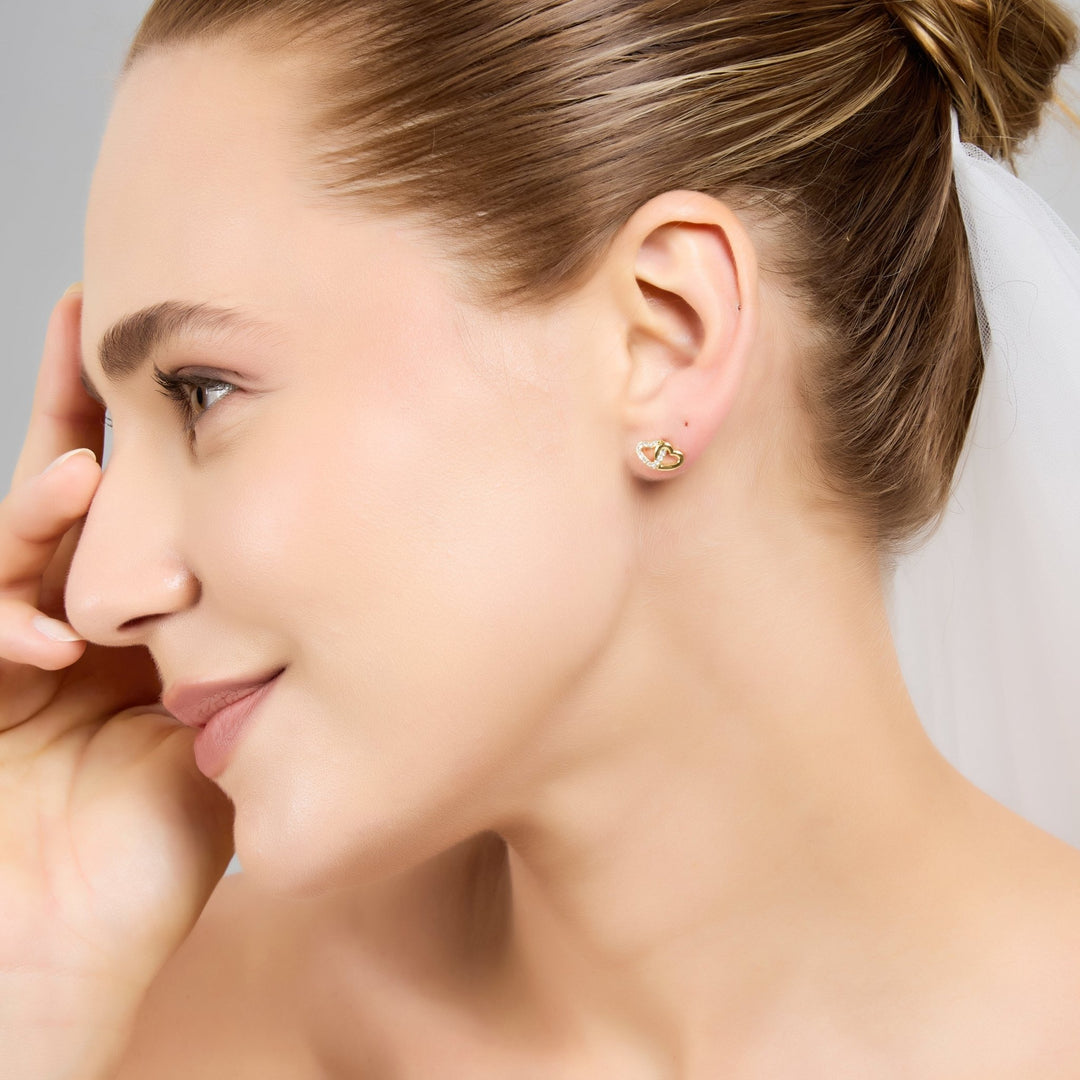 Gold Plated Heart Link Bridal Earrings Created with Zircondia® Crystals - Philip Jones Jewellery