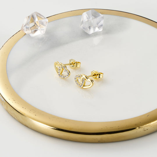 Gold Plated Heart Link Earrings Created with Zircondia® Crystals - Philip Jones Jewellery