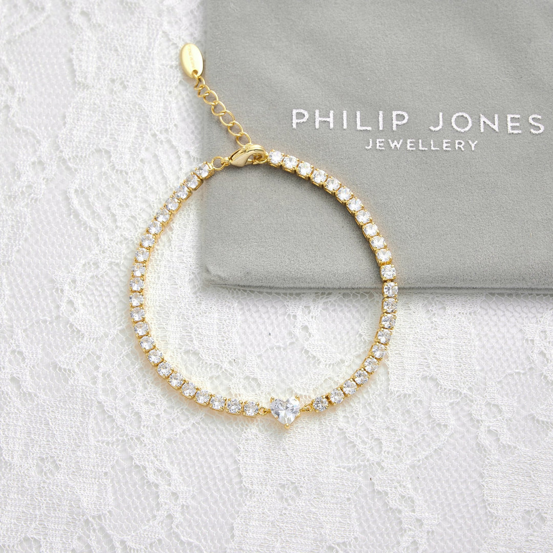 Gold Plated Heart Solitaire Bridal Tennis Bracelet Created with Zircondia® Crystals - Philip Jones Jewellery