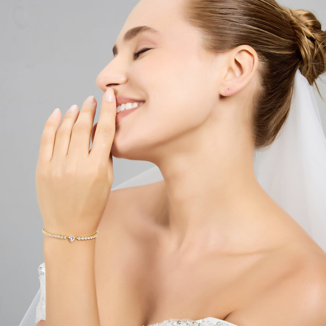 Gold Plated Heart Solitaire Bridal Tennis Bracelet Created with Zircondia® Crystals - Philip Jones Jewellery