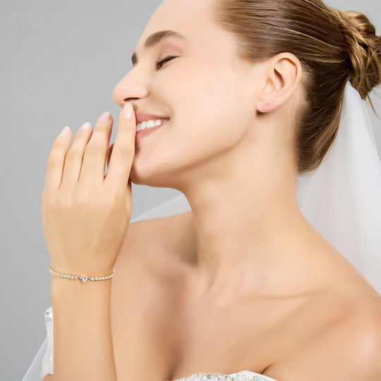 Gold Plated Heart Solitaire Bridal Tennis Bracelet Created with Zircondia® Crystals - Philip Jones Jewellery