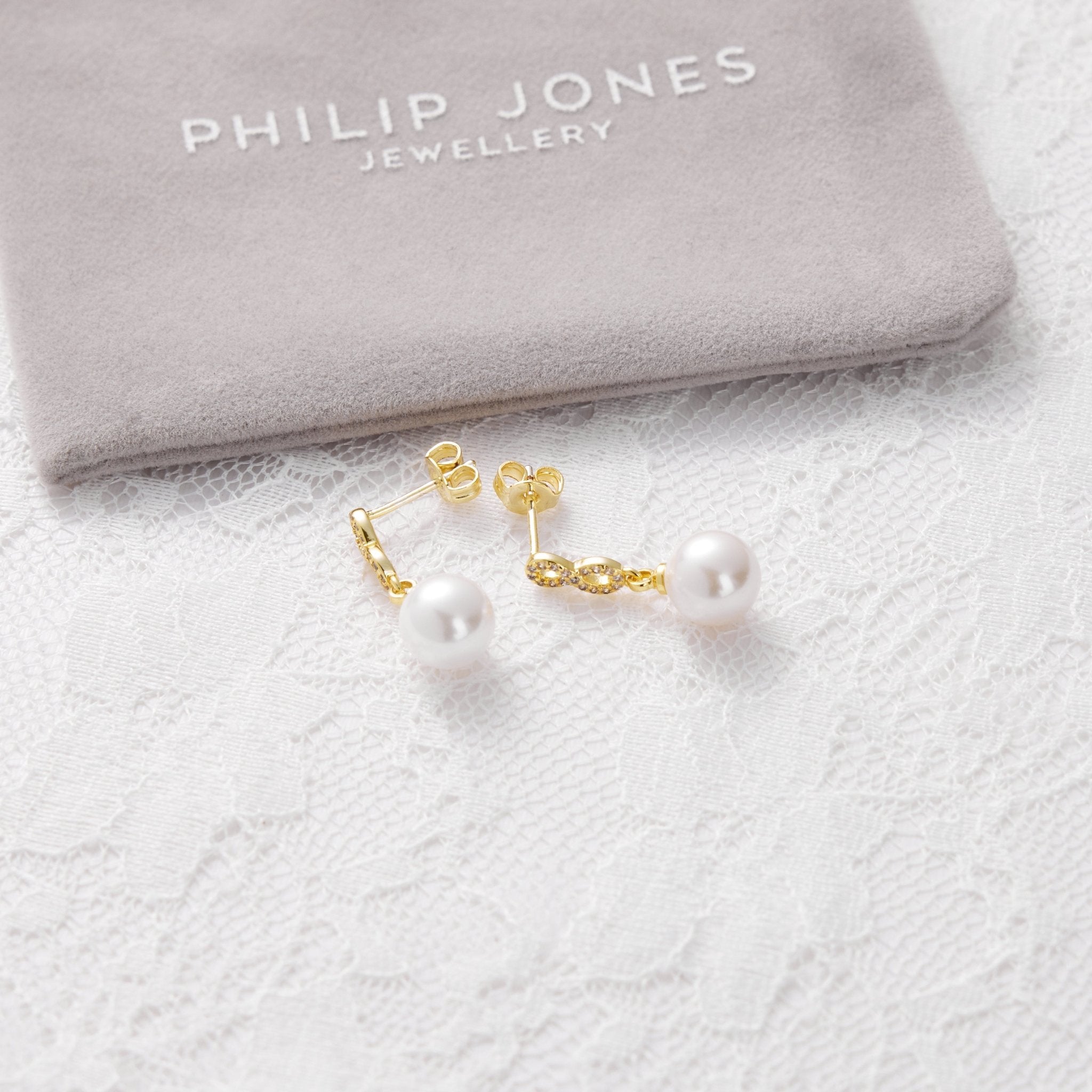 Gold Plated I Couldn't Say I Do Without You Infinity Pearl Drop Earrings with Zircondia® Crystals - Philip Jones Jewellery