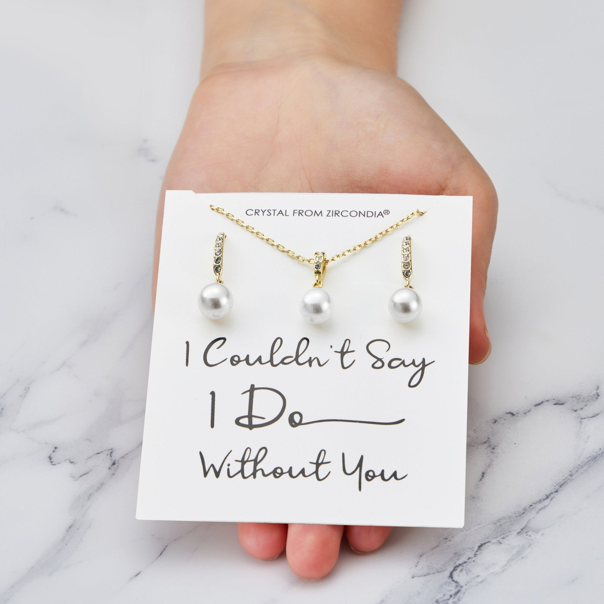 Gold Plated I Couldn't Say I Do Without You Pearl Drop Set Created with Zircondia® Crystals - Philip Jones Jewellery