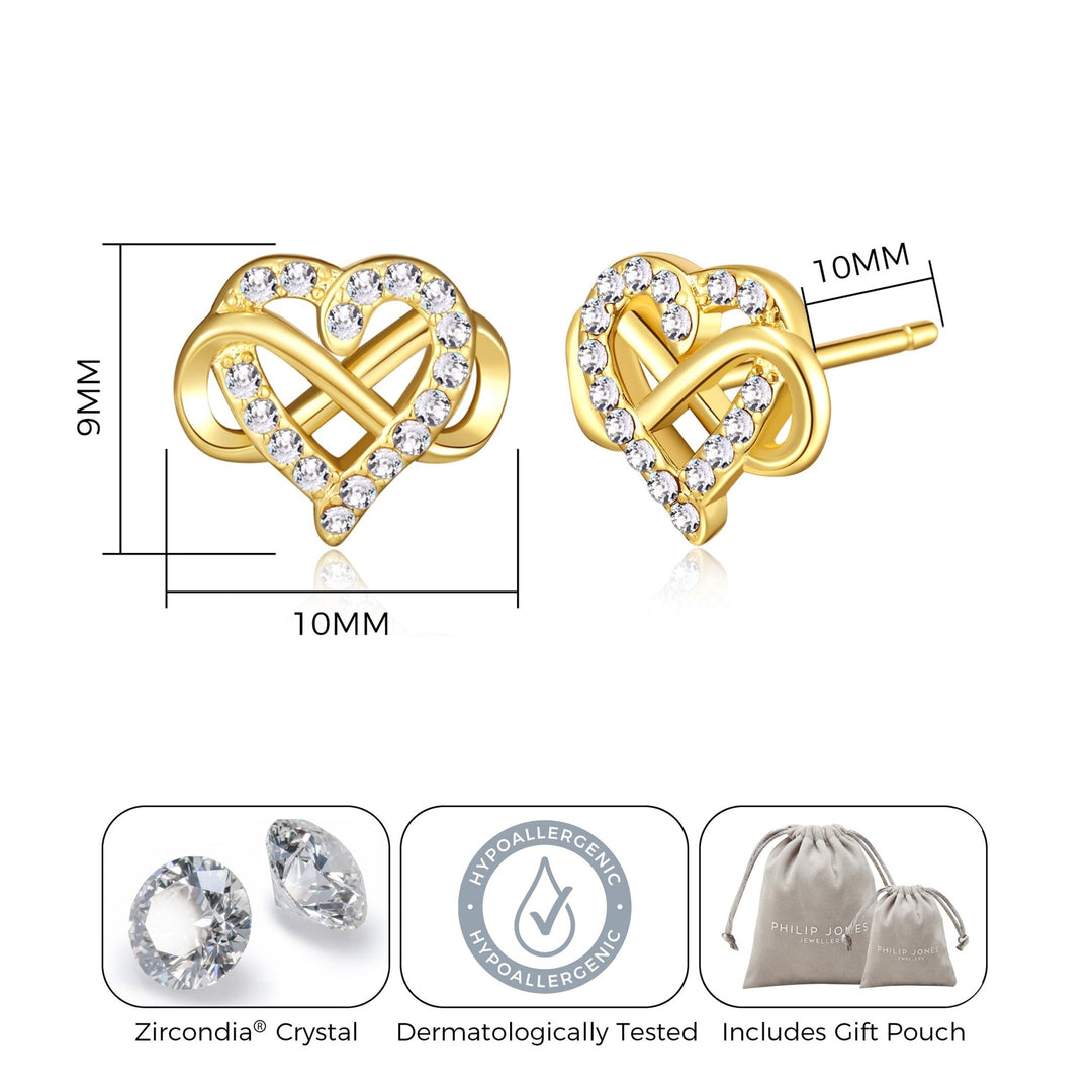Gold Plated Infinity Heart Stud Earrings Created with Zircondia® Crystals - Philip Jones Jewellery