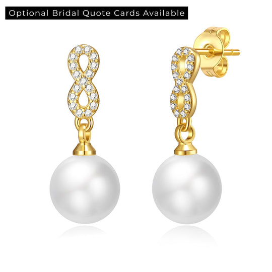 Gold Plated Infinity Pearl Drop Bridal Earrings Created with Zircondia® Crystals - Philip Jones Jewellery