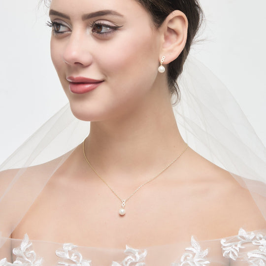 Gold Plated Infinity Pearl Drop Bridal Set Created with Zircondia® Crystals - Philip Jones Jewellery