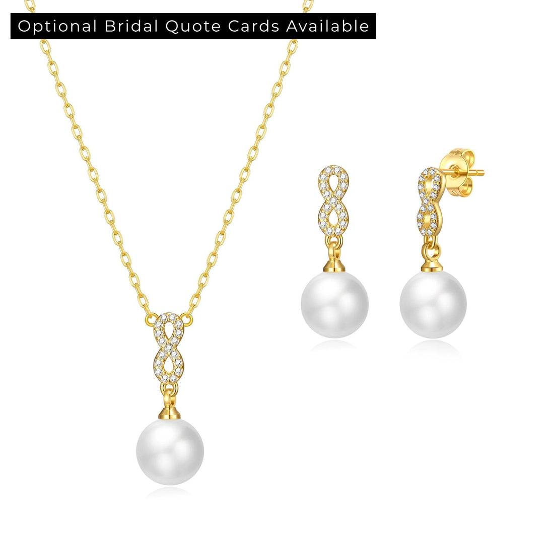 Gold Plated Infinity Pearl Drop Bridal Set Created with Zircondia® Crystals - Philip Jones Jewellery