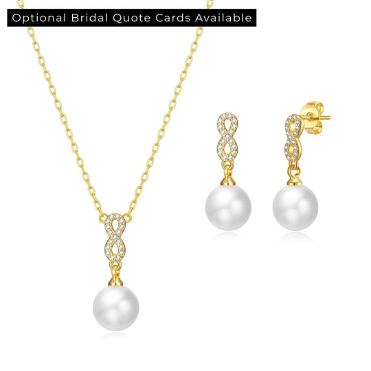 Gold Plated Infinity Pearl Drop Bridal Set Created with Zircondia® Crystals - Philip Jones Jewellery