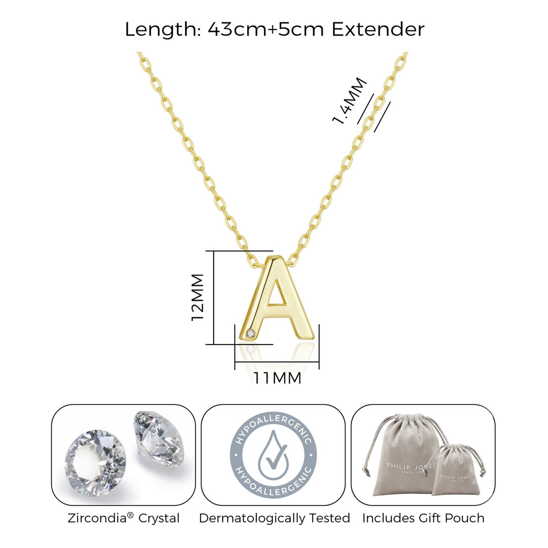 Gold Plated Initial Necklace Letter A Created with Zircondia® Crystals - Philip Jones Jewellery