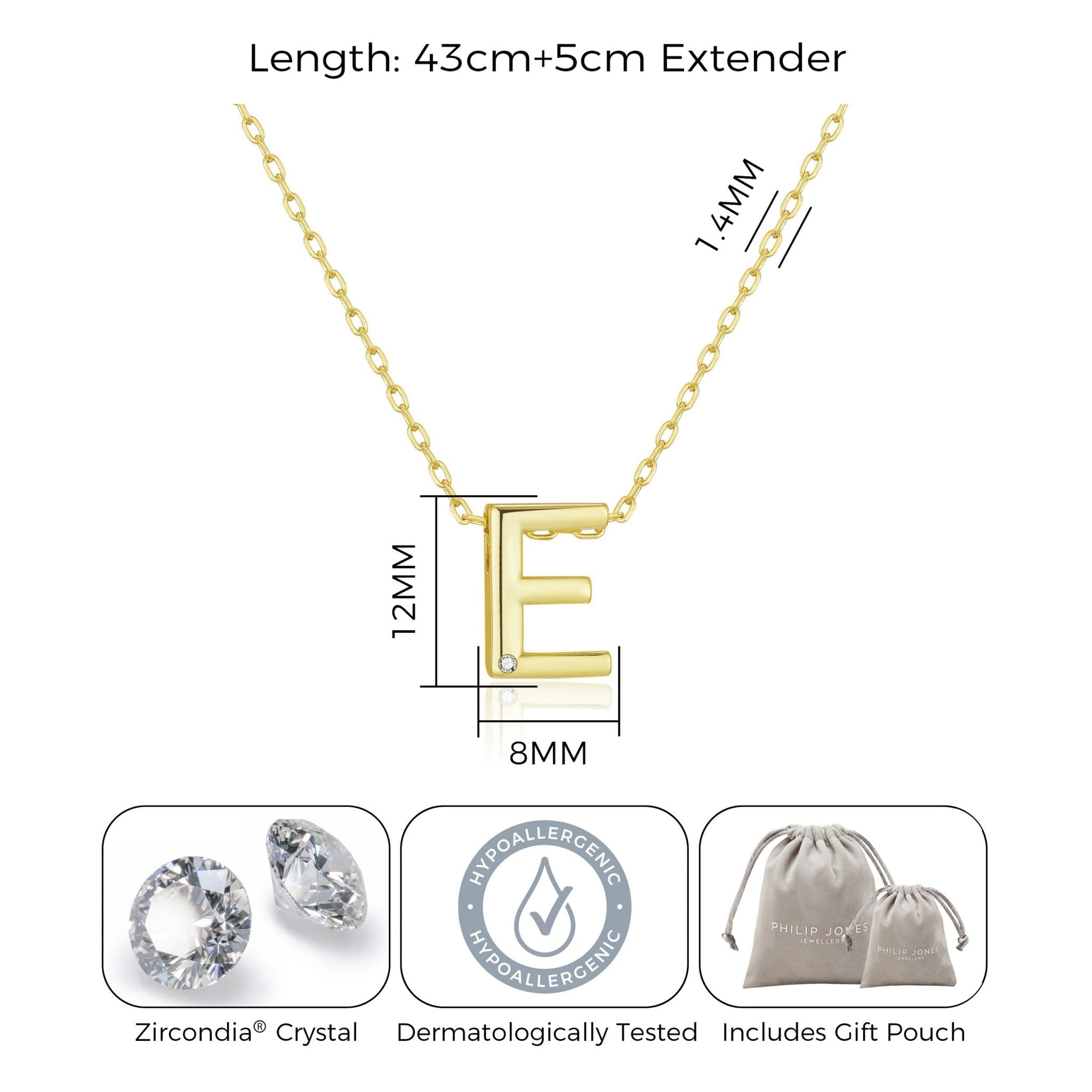 Gold Plated Initial Necklace Letter E Created with Zircondia® Crystals - Philip Jones Jewellery