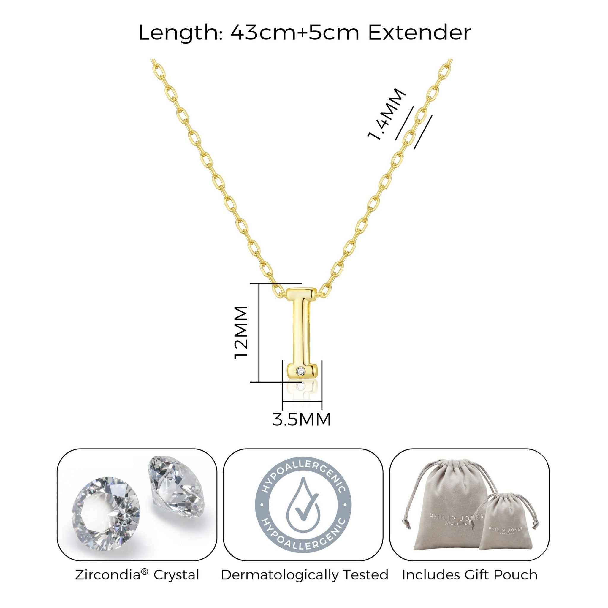 Gold Plated Initial Necklace Letter I Created with Zircondia® Crystals - Philip Jones Jewellery