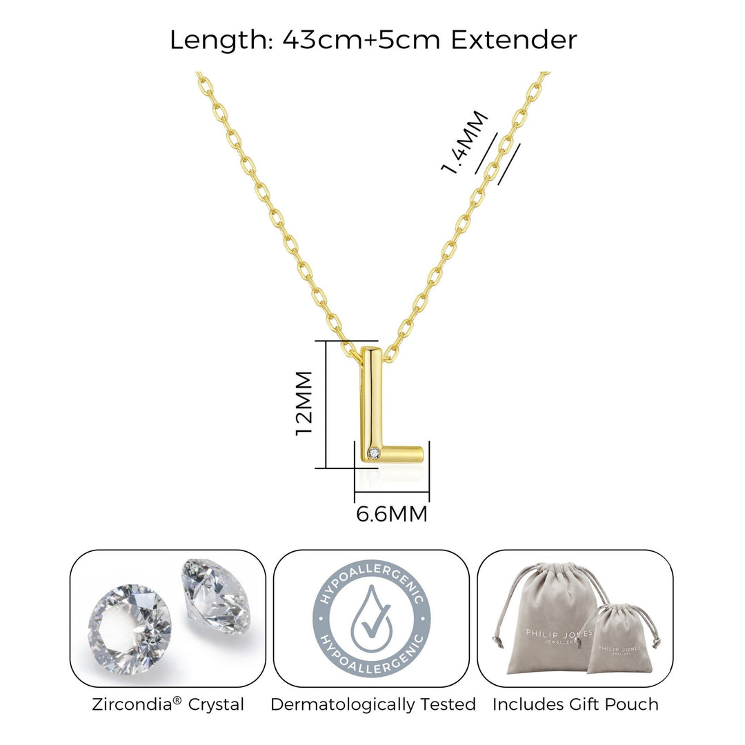 Gold Plated Initial Necklace Letter L Created with Zircondia® Crystals - Philip Jones Jewellery