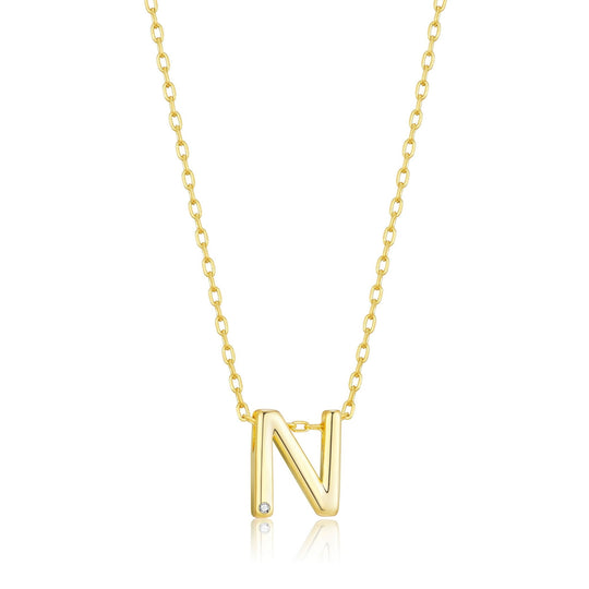 Gold Plated Initial Necklace Letter N Created with Zircondia® Crystals - Philip Jones Jewellery