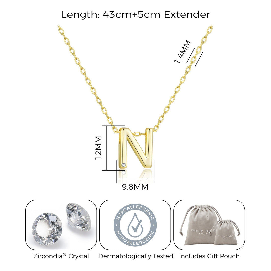 Gold Plated Initial Necklace Letter N Created with Zircondia® Crystals - Philip Jones Jewellery
