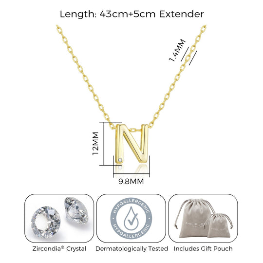 Gold Plated Initial Necklace Letter N Created with Zircondia® Crystals - Philip Jones Jewellery