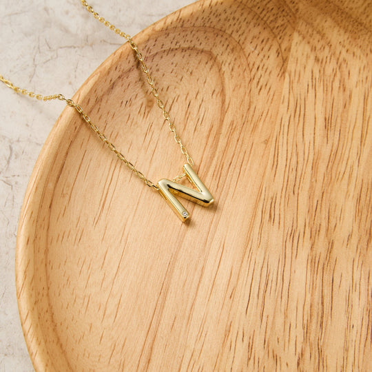 Gold Plated Initial Necklace Letter N Created with Zircondia® Crystals - Philip Jones Jewellery