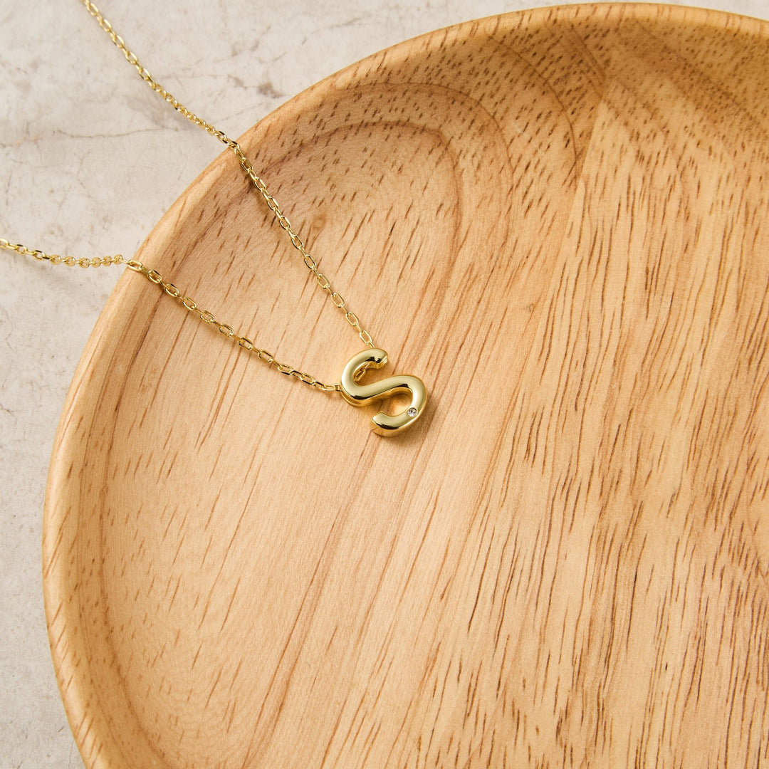 Gold Plated Initial Necklace Letter S Created with Zircondia® Crystals - Philip Jones Jewellery