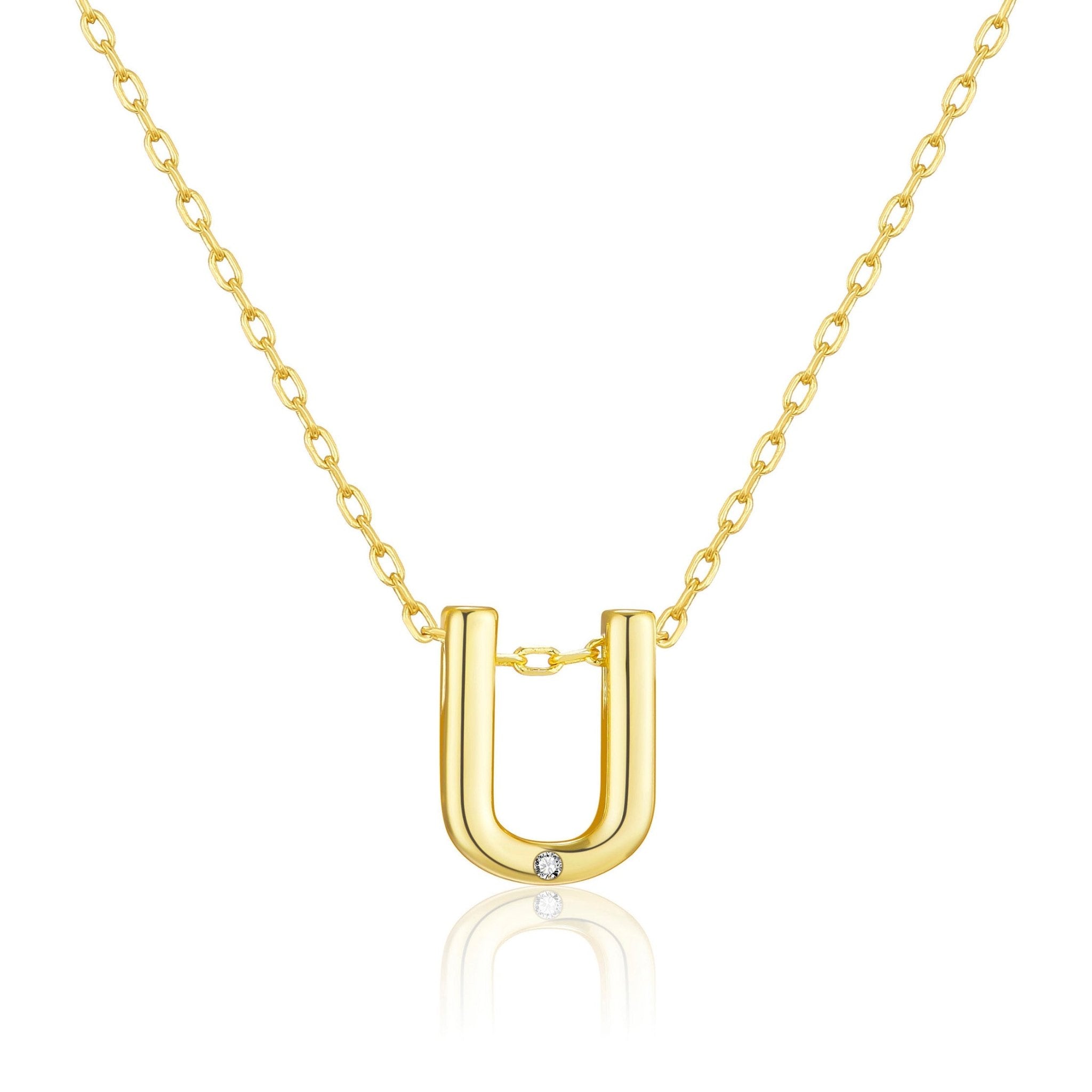 Gold Plated Initial Necklace Letter U Created with Zircondia® Crystals - Philip Jones Jewellery