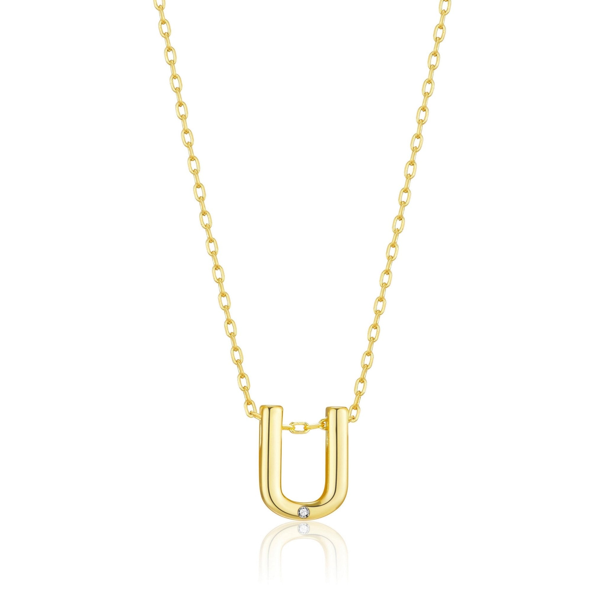 Gold Plated Initial Necklace Letter U Created with Zircondia® Crystals - Philip Jones Jewellery