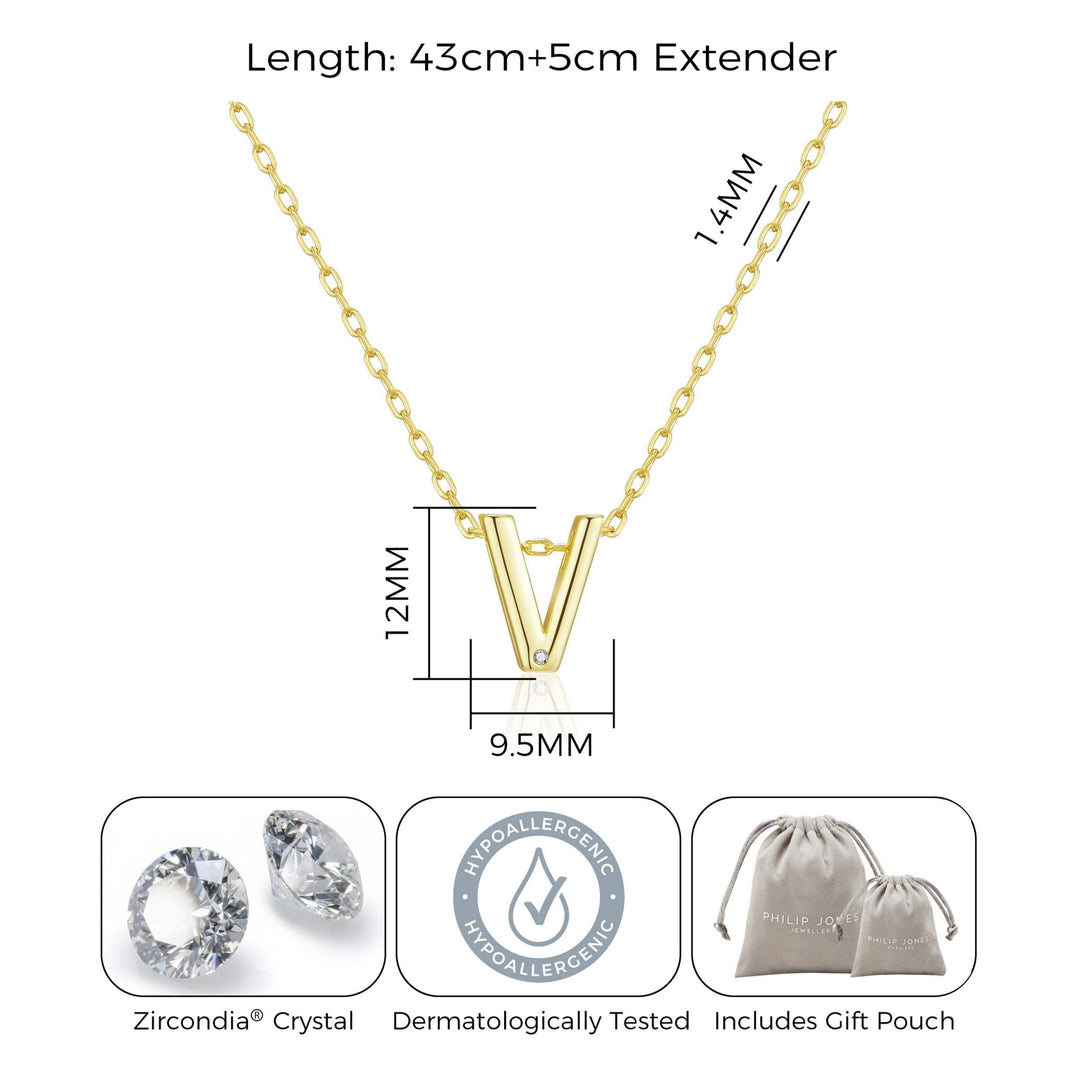 Gold Plated Initial Necklace Letter V Created with Zircondia® Crystals - Philip Jones Jewellery