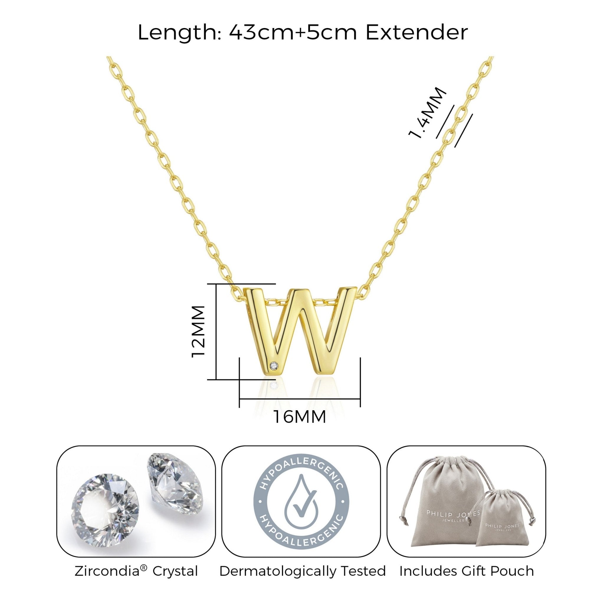 Gold Plated Initial Necklace Letter W Created with Zircondia® Crystals - Philip Jones Jewellery