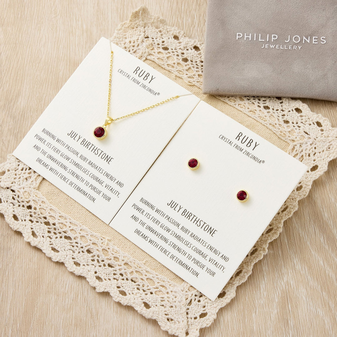 Gold Plated July (Ruby) Birthstone Necklace & Earrings Set Created with Zircondia® Crystals - Philip Jones Jewellery