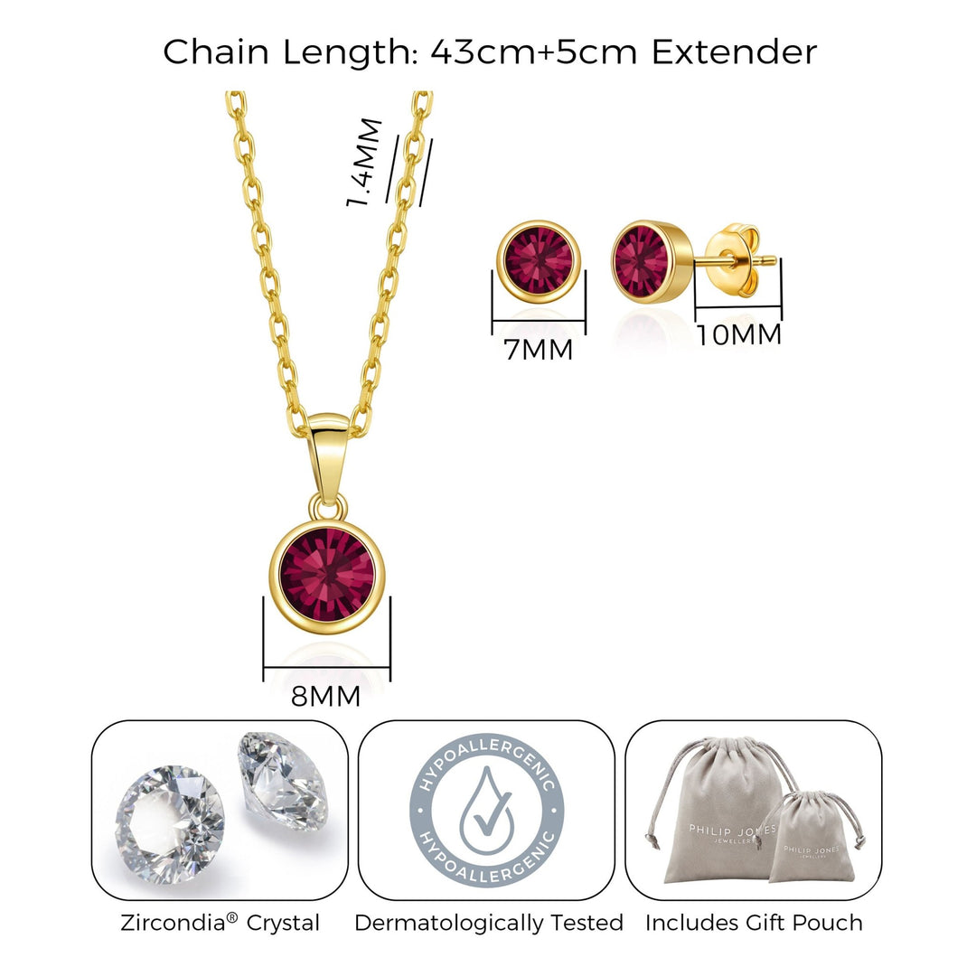 Gold Plated July (Ruby) Birthstone Necklace & Earrings Set Created with Zircondia® Crystals - Philip Jones Jewellery
