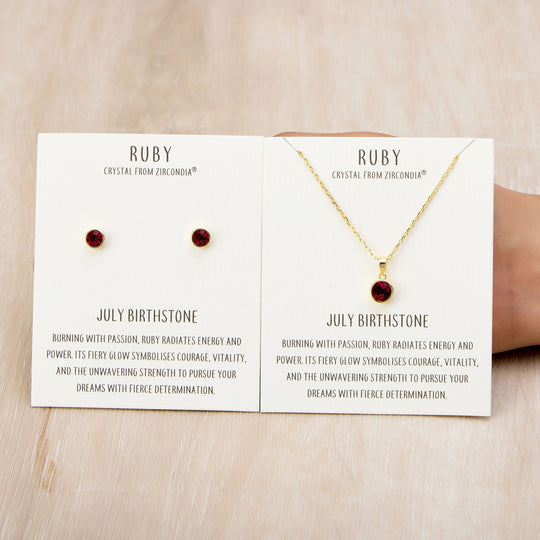 Gold Plated July (Ruby) Birthstone Necklace & Earrings Set Created with Zircondia® Crystals - Philip Jones Jewellery