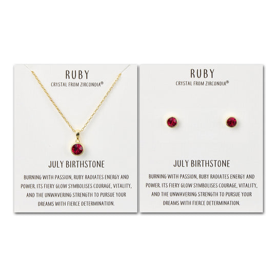 Gold Plated July (Ruby) Birthstone Necklace & Earrings Set Created with Zircondia® Crystals - Philip Jones Jewellery