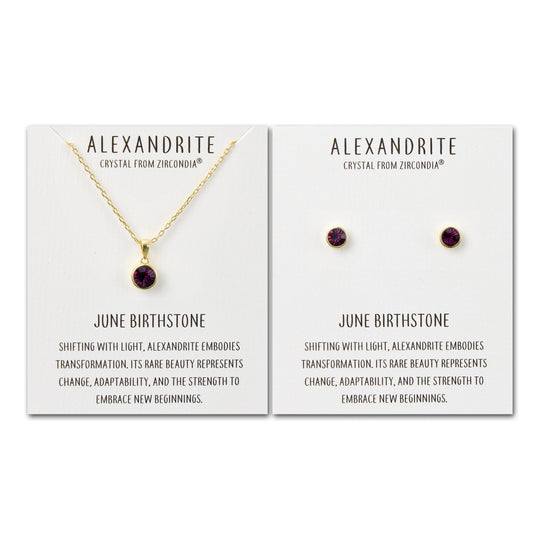 Gold Plated June (Alexandrite) Birthstone Necklace & Earrings Set Created with Zircondia® Crystals - Philip Jones Jewellery