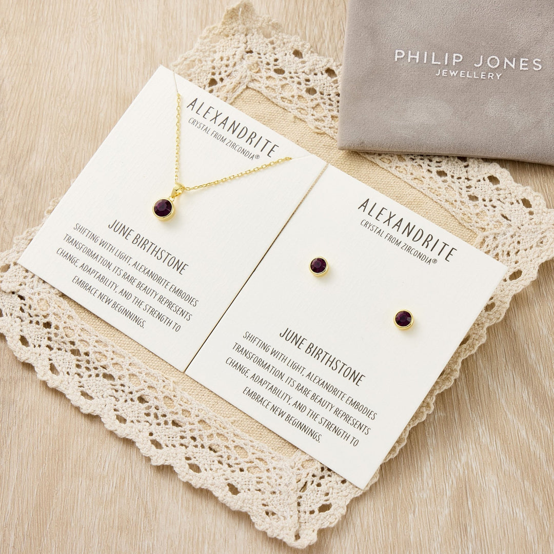 Gold Plated June (Alexandrite) Birthstone Necklace & Earrings Set Created with Zircondia® Crystals - Philip Jones Jewellery