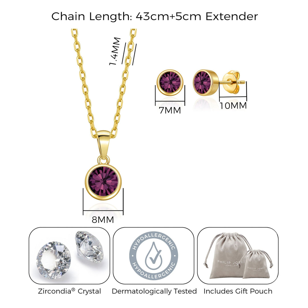 Gold Plated June (Alexandrite) Birthstone Necklace & Earrings Set Created with Zircondia® Crystals - Philip Jones Jewellery