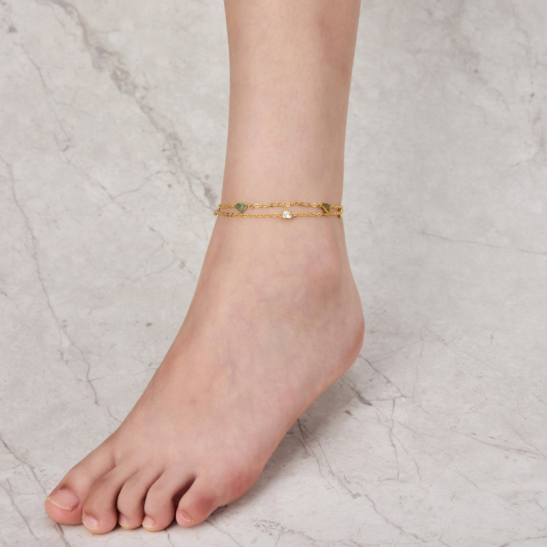 Gold Plated Layered Heart Anklet Created with Zircondia® Crystals - Philip Jones Jewellery