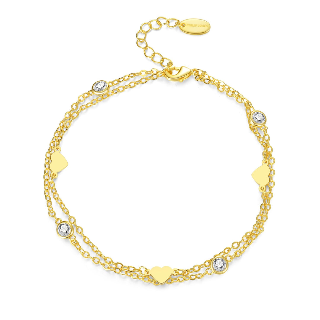 Gold Plated Layered Heart Anklet Created with Zircondia® Crystals - Philip Jones Jewellery