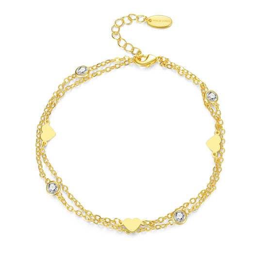 Gold Plated Layered Heart Anklet Created with Zircondia® Crystals - Philip Jones Jewellery