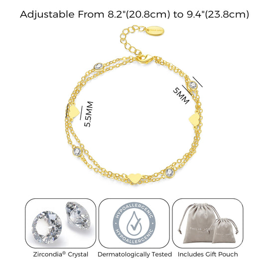 Gold Plated Layered Heart Anklet Created with Zircondia® Crystals - Philip Jones Jewellery