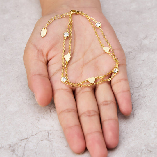 Gold Plated Layered Heart Anklet Created with Zircondia® Crystals - Philip Jones Jewellery