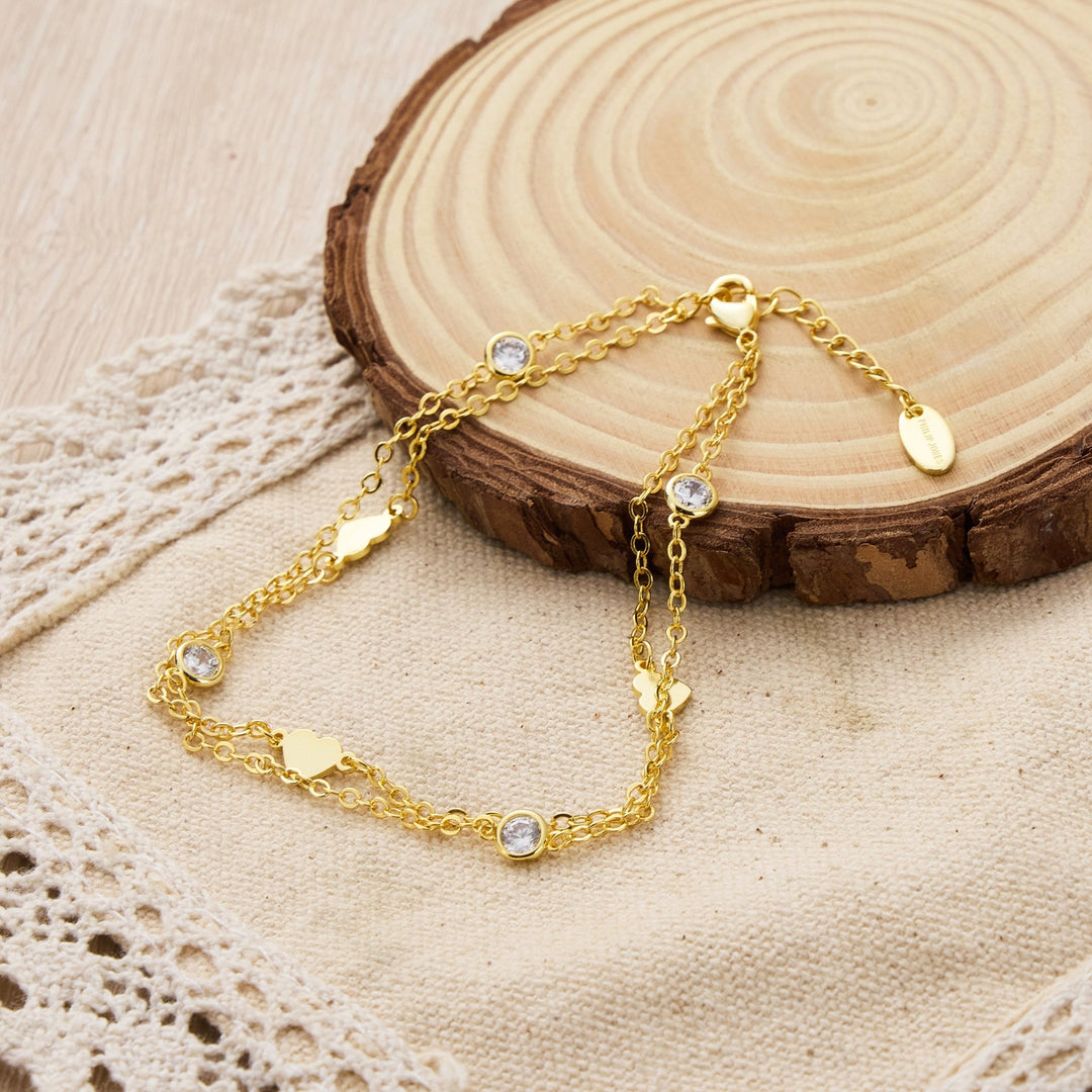 Gold Plated Layered Heart Anklet Created with Zircondia® Crystals - Philip Jones Jewellery
