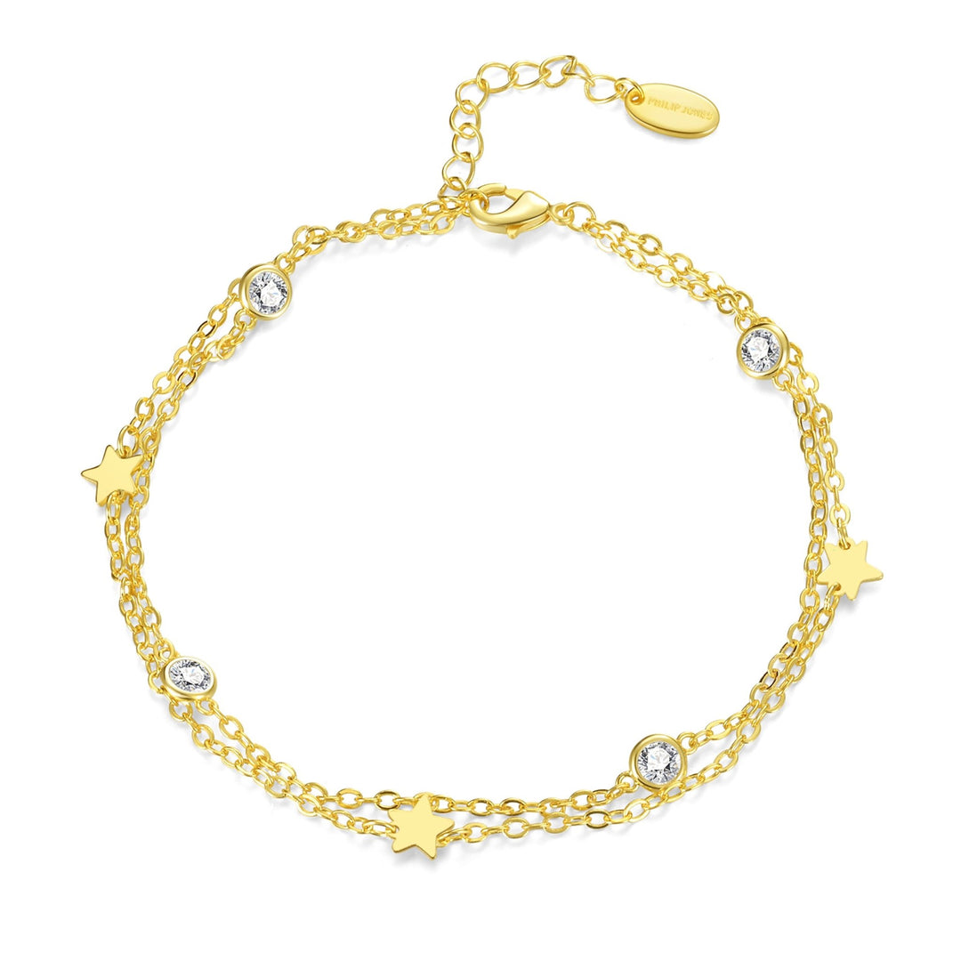 Gold Plated Layered Star Anklet Created with Zircondia® Crystals - Philip Jones Jewellery